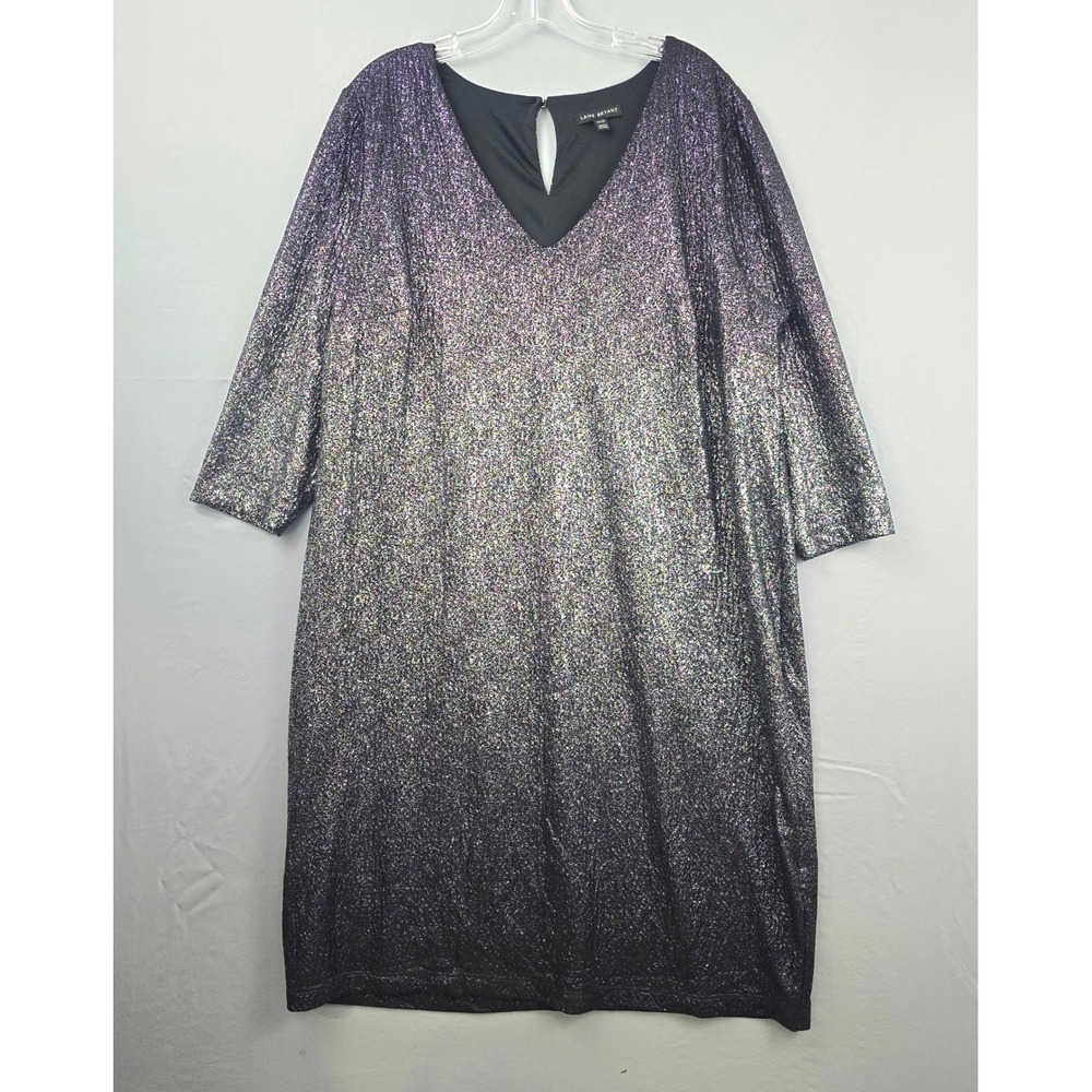 Lane Bryant V-Neck Button Closure Shimmery Cocktail Dress Purple Black 18/20‎
